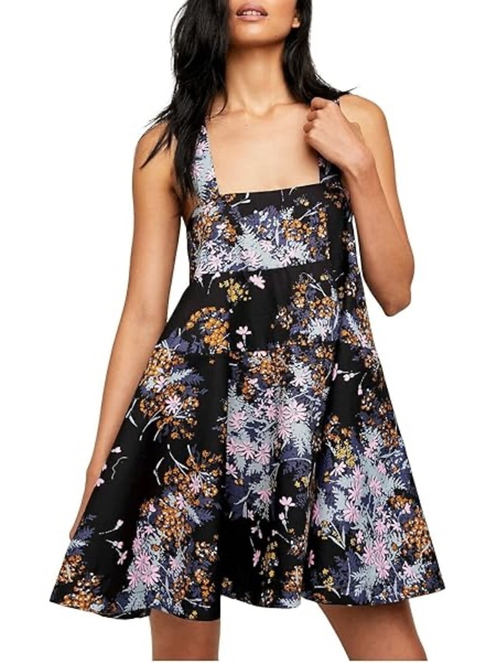 Free People Black Floral Square-Neck Mini Dress